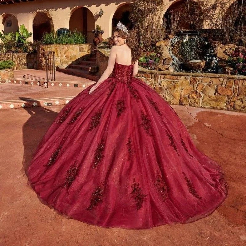 Vestido De quinceañera Burdeos brillante, Apliques De encaje, plumas con cuentas, manga desmontable, dulce 16, 15 Años