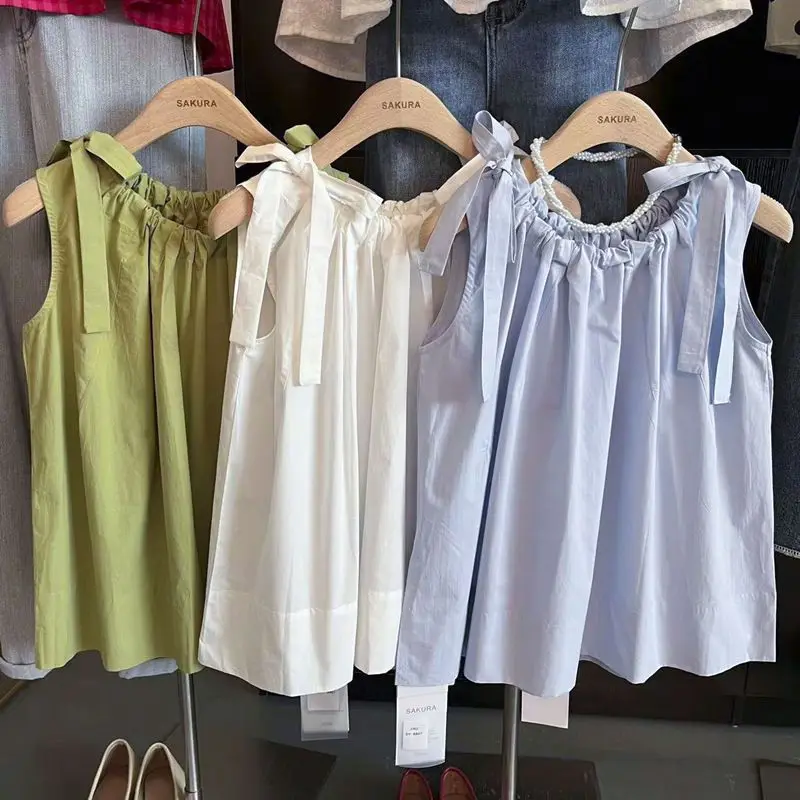 Summer New Korean O-neck Pleated Lacing Blouse Sleeveless Solid Color Loose Fashion Shirt Tops Sweet Casual Cute Women Clothing