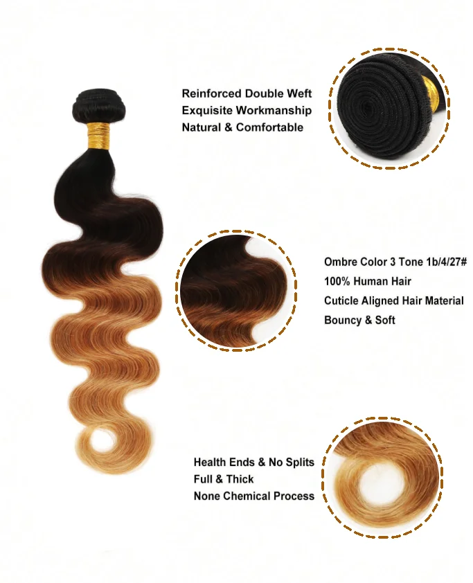 1pc Highlight Body Wave Bundles 1B/4/27 Color Virgin Remy Human Hair Long Bundles Hair Extension For Women Ombre Color