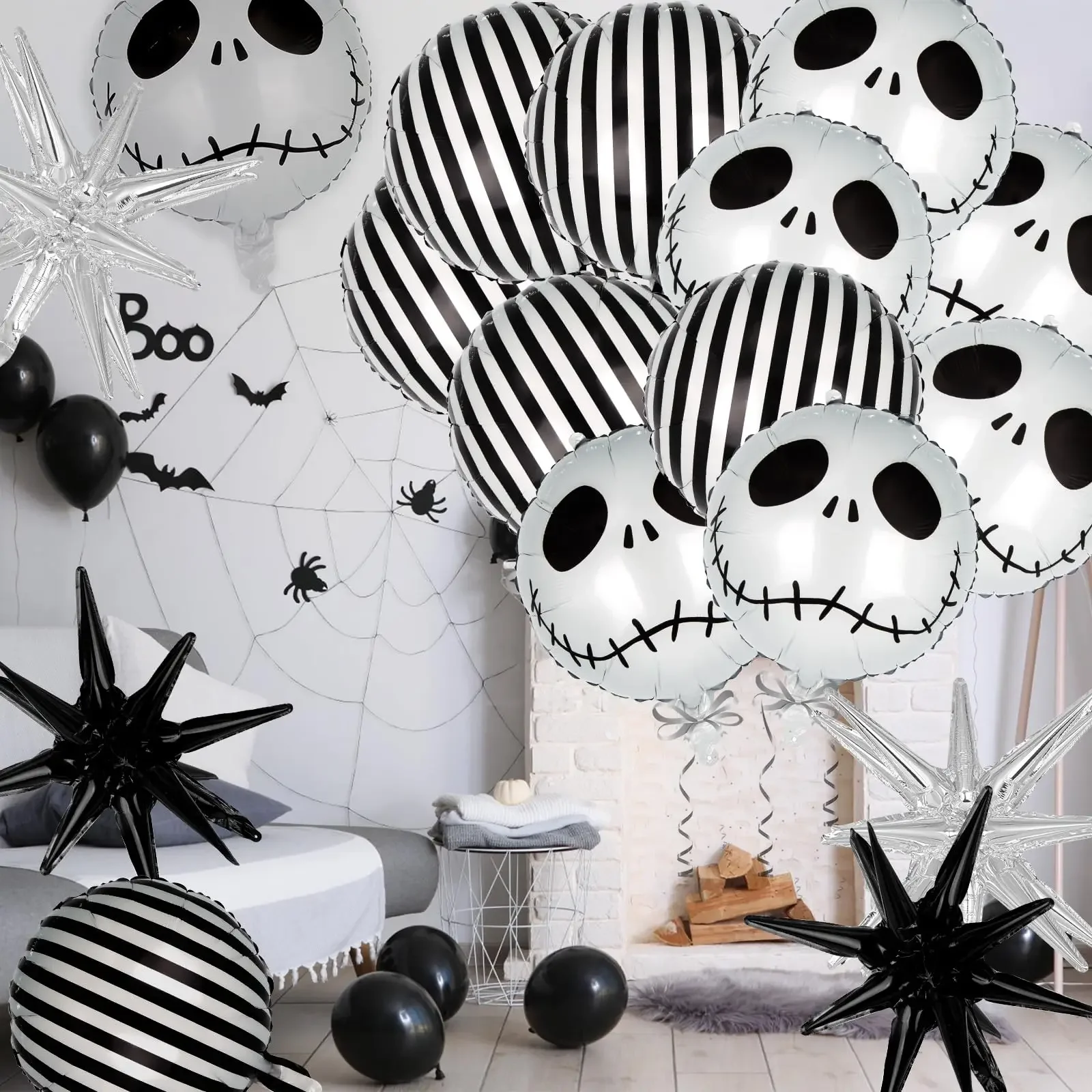 16-teiliges Totenkopf-Set aus Aluminiumfolie, Ballonstreifen, Halloween, Geburtstag, Babyparty, Hochzeit, Party, Dekorationszubehör
