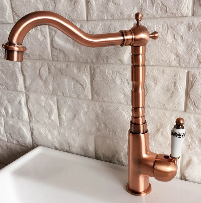 Imagem -03 - Antique Red Copper Swivel Spout Faucet Pia do Banheiro Bacia da Cozinha Misturador de Água Fria e Quente Torneiras de Latão Dnfr9