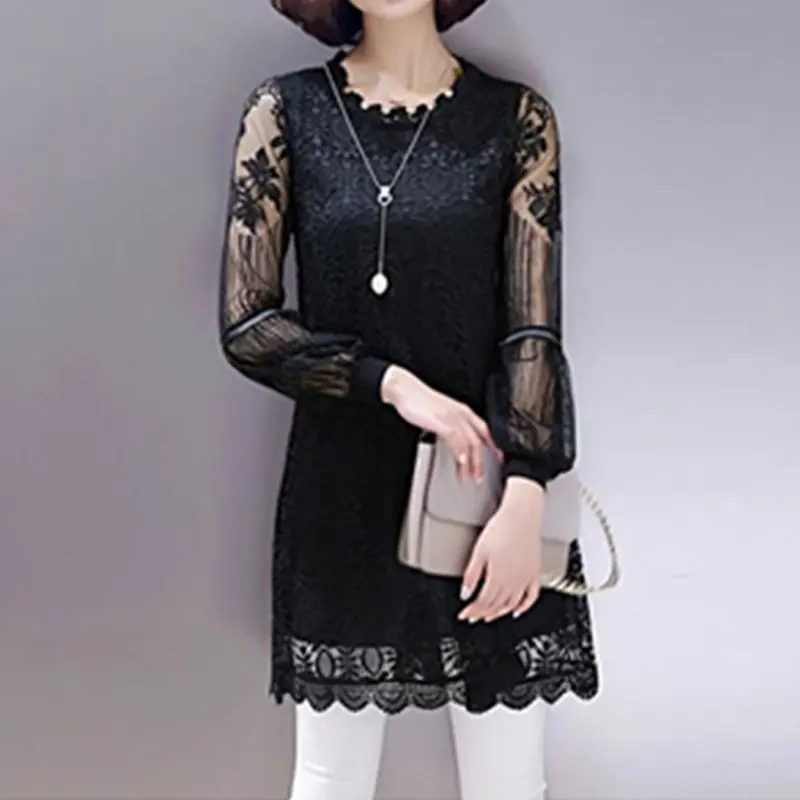 Elegant Lace Hollow Out Spliced Shirt Commute Straight 2023 Spring Autumn Long Sleeve Women\'s Clothing Round Neck Floral Blouse