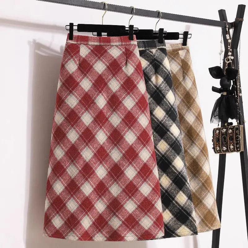 

Large Size Women's Clothing Spring Autumn Winter Vintage Plaid Woolen Skirt High Waist Fashion Zipper Split A-Line Skirt Z4573