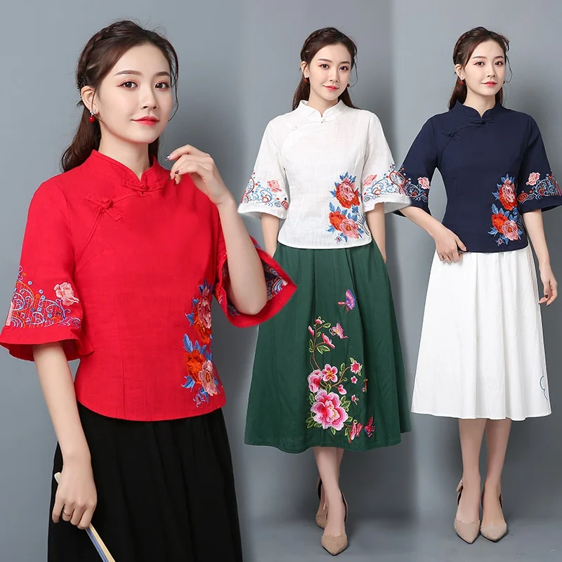 Blusa tradicional china para mujer, camisa oblicua, traje Tang de algodón Zen, cuello mandarín, Top Cheongsam, V2779