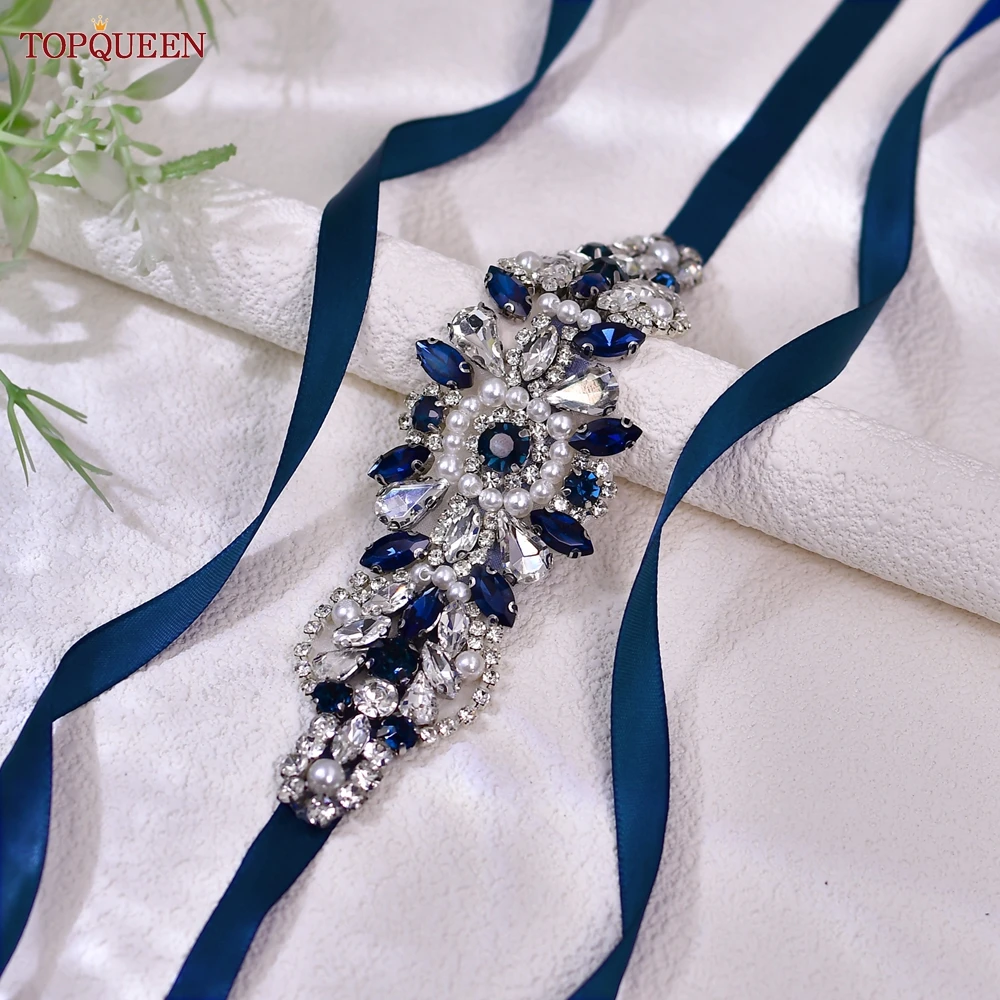 

TOPQUEEN Bridal Wedding Dress Sash Navy Blue Gemstone Material Prom Party Dresses Waist Accessories Woman Satin Ribbon Belt S188