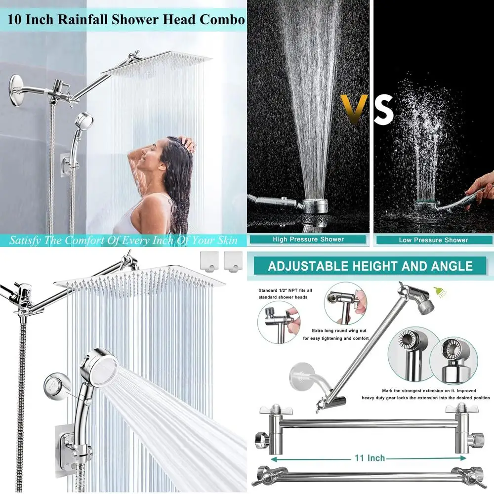 

Душевая лейка высокого давления 10 дюймов с 3 режимами, ручной душ, шланг 78 дюймов, 3-позиционный переключатель, регулируемый кронштейн, хром