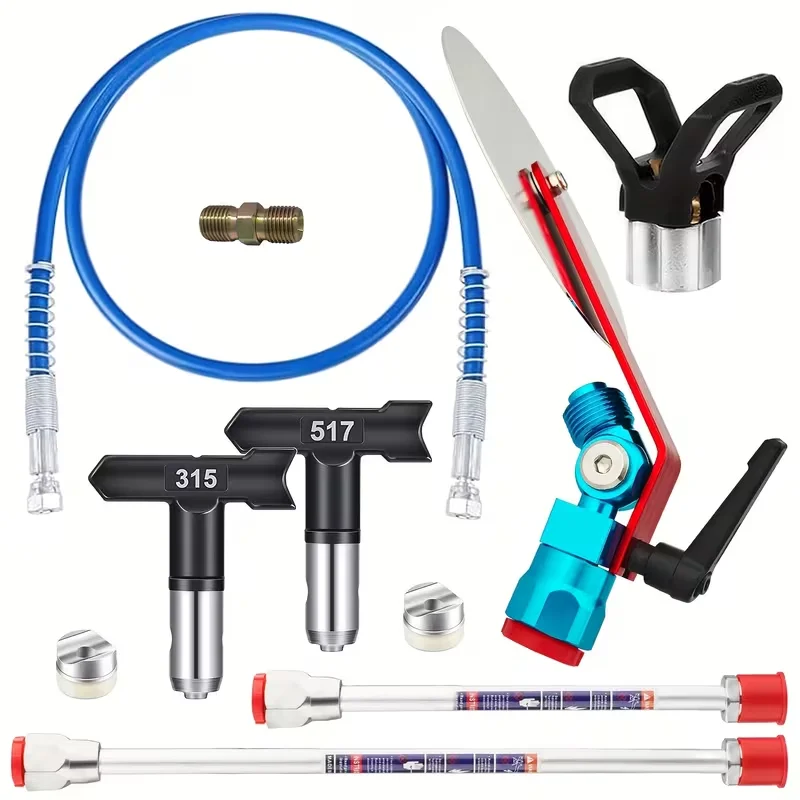 Universal Airless Paint Sprayer Kit:315 517 Tips,Blue Hose,Valve,Rods,Tip Guard,Coupler,Gaskets High Pressure Home Renovation