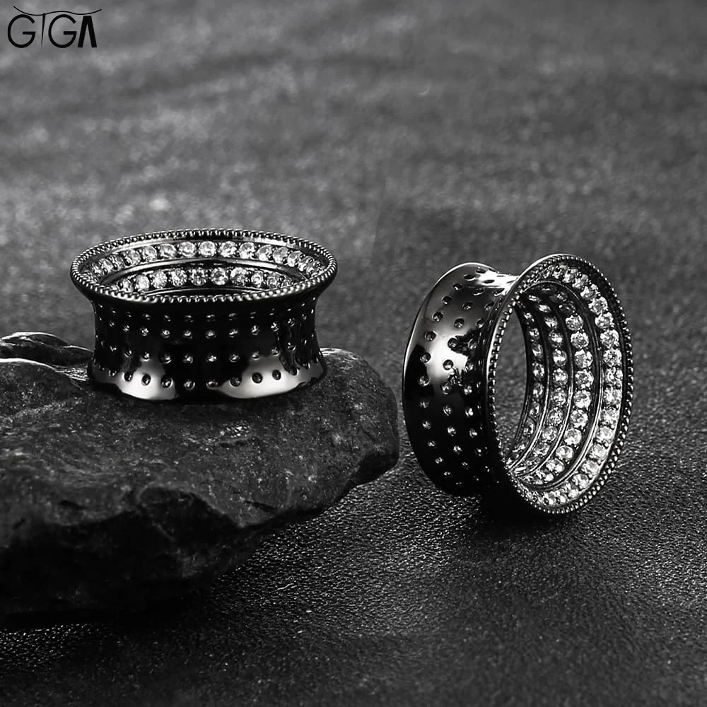 Giga 2PCS Luxury CZ Ear Plugs Tunnels Expander Brass Double Flare for Stretcher Ears Body Piercing Jewelry Gauges Earrings