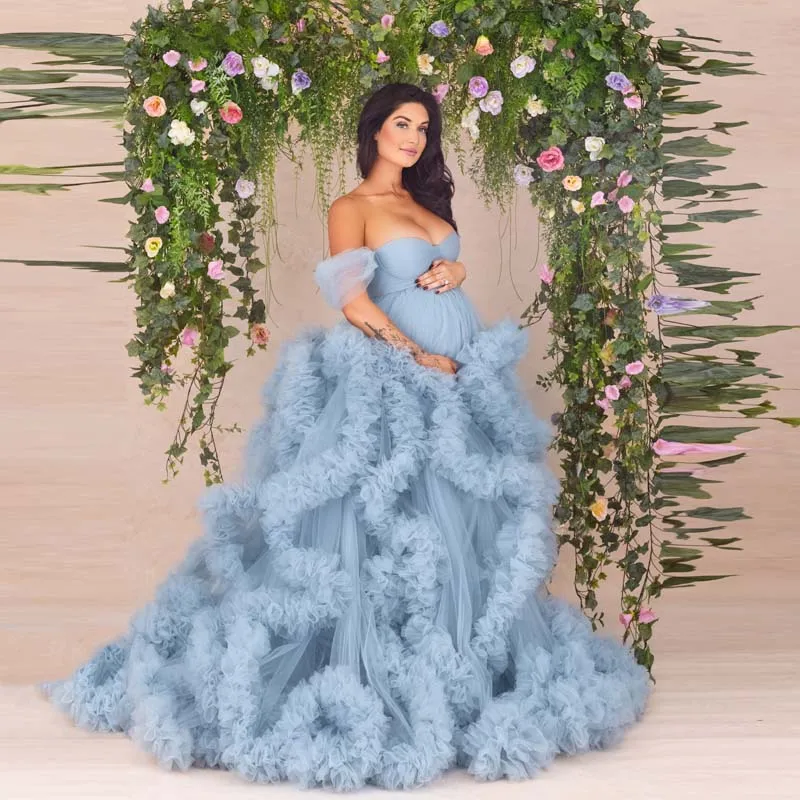 Light Blue Off Shoulders Pleated Tulle Maternity Dress To Photography Fluffy Ruffles Tiered Pregnancy Gowns Open Front Lush Bied