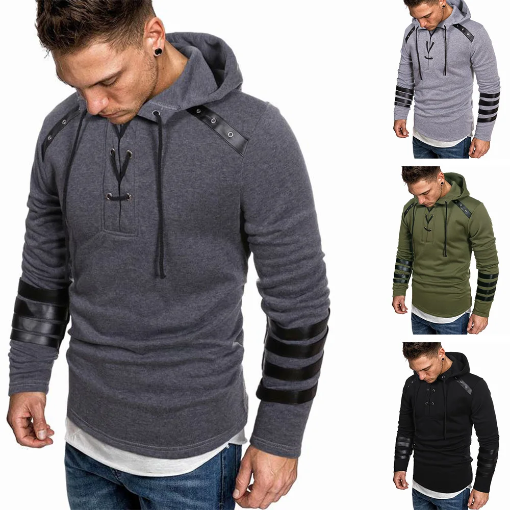 Autumn/Winter Men's Casual Hoodie Fashion Personalized Leather Decoration Sweatshirt Fashion Design Long Sleeve Men's Clothing