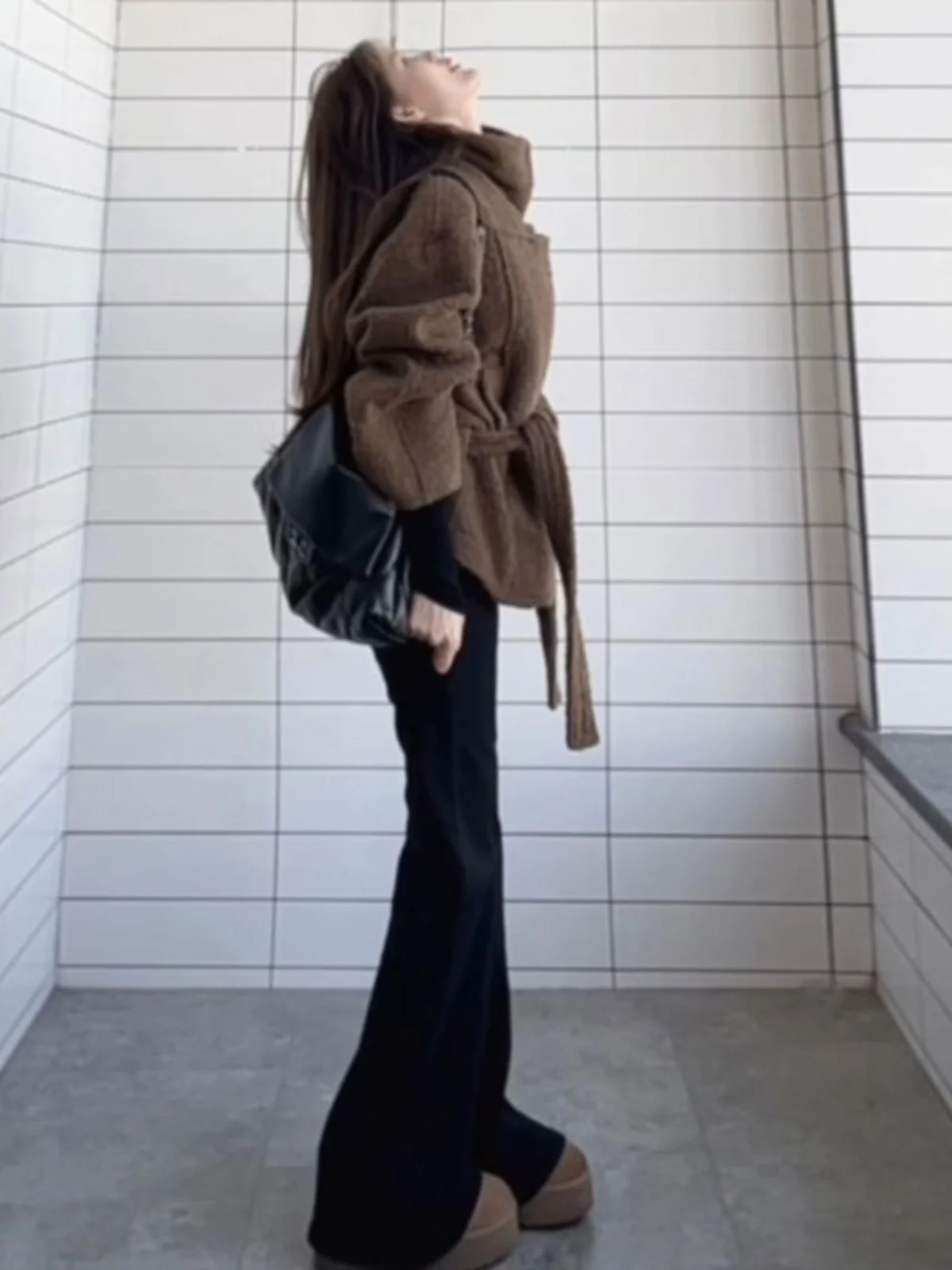 

Korean Sle ort Woolen Coat Retro Chic Unique Beautiful Spring Early Season Women's Faion Outerwear High Collar Long Sve