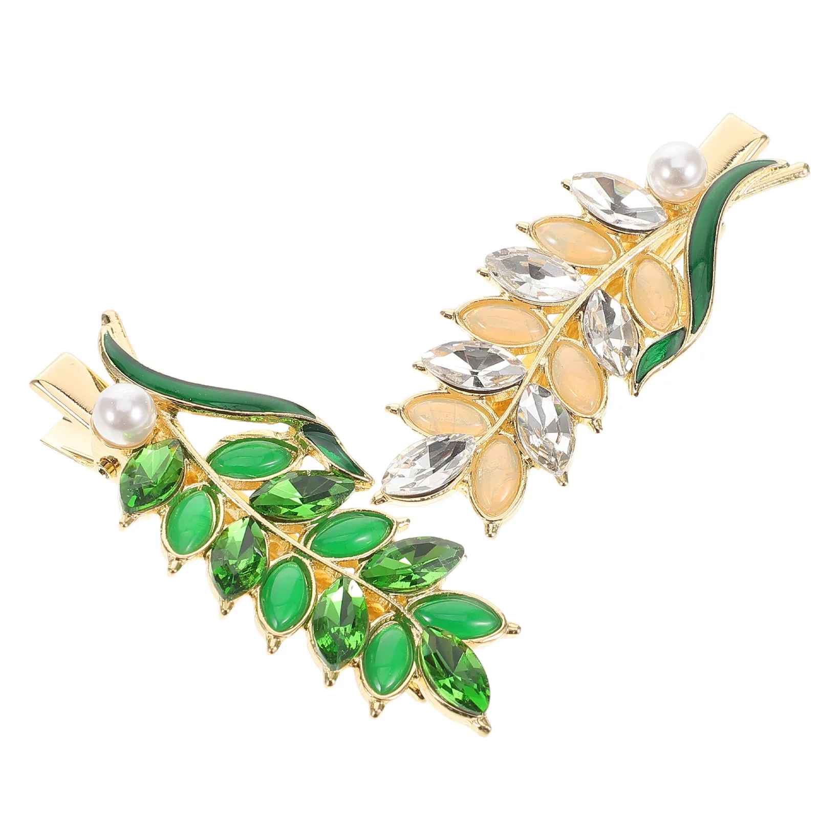2Pcs Crystal Billed Hair Barrette Green White Vintage Design Secure Lightweight Side Clip for Women Casual Work