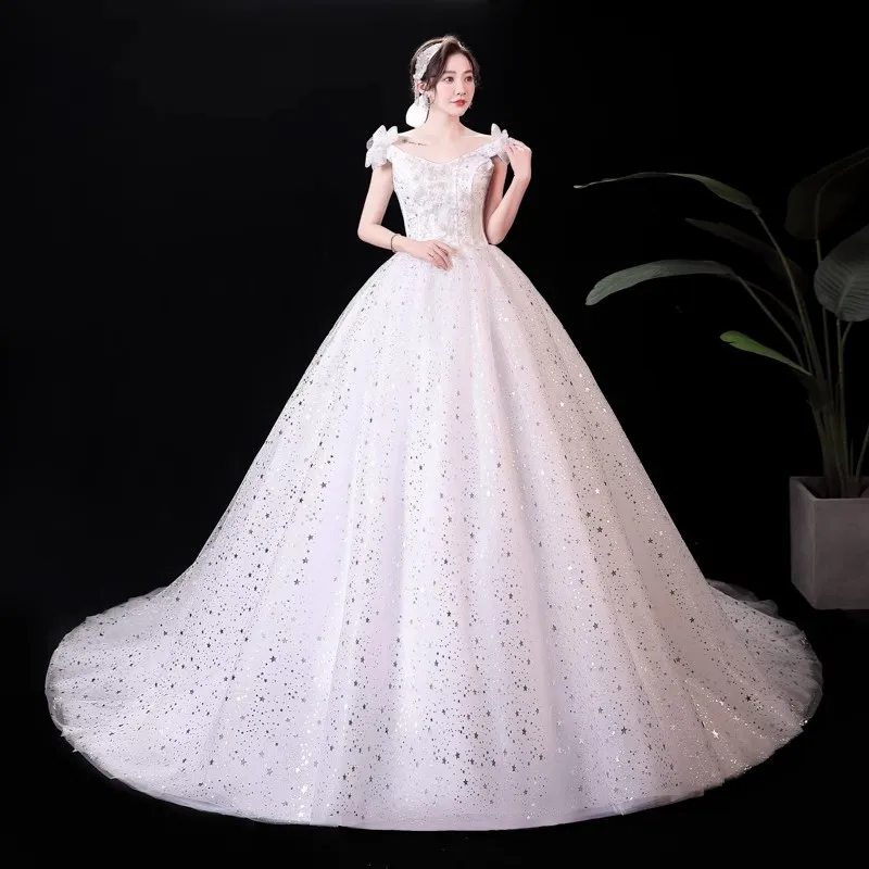 It's Yiiya Wedding Dresses White Bling Tulle Sleeveless Bow Lace up Trailing Floor-length Plus size Princess Bride Gowns XN052