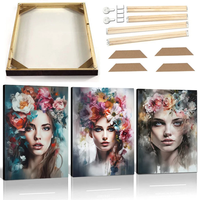 

Flowers Hair Woman Wall Art Canvas Painting with Frame Beautiful Wreath Girl Portrait Poster Abstract Female Figure Picture