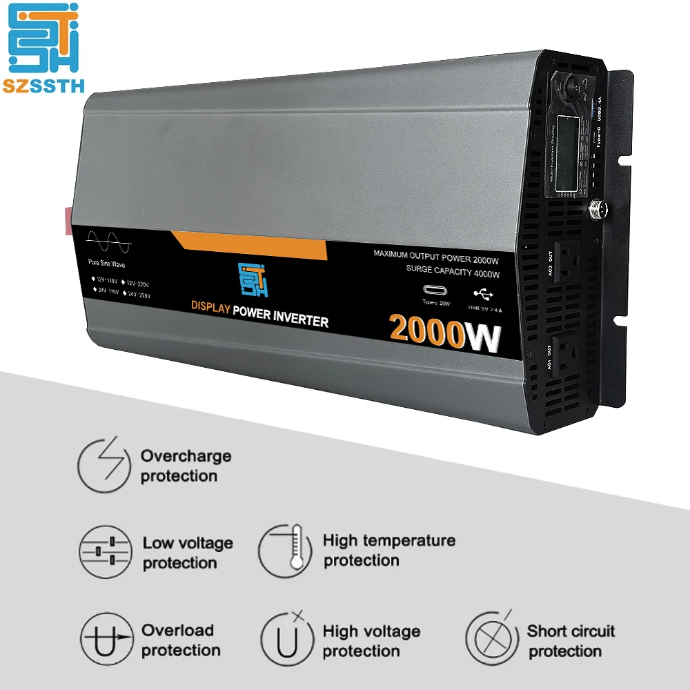 

Inverter 4000W Peak Pure Sine Wave 2000W Rated Power DC 12V To AC 110V Voltage Transformer Convert With Dual Socket Type-C