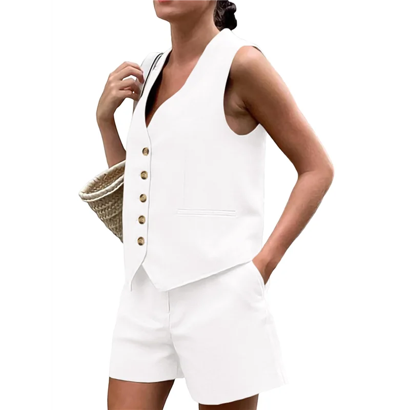 

ABP-Women's Summer 2 Piece Outfits Sleeveless Matching Sets Button Down V Neck Vest Waistcoat And Pockets Shorts