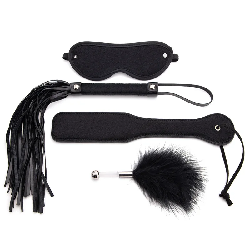 4-Piece BDSM Training Restraint Set with Paddle and Whip Blindfold Feather for Teasing Spanking Role Play Kinky Adult Sex Toys