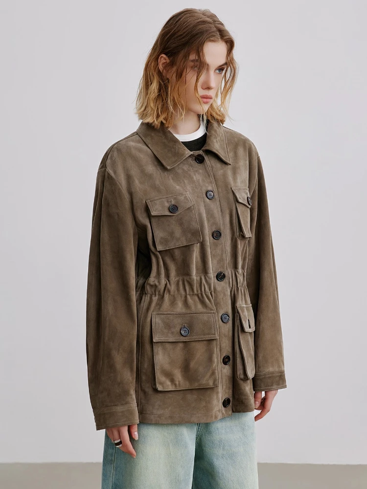 Damskie kurtki cargo vintage z prawdziwej skóry, jesienno-zimowe, eleganckie, proste, jednorzędowe, dopasowane płaszcze z prawdziwej skóry owczej z zamszu.