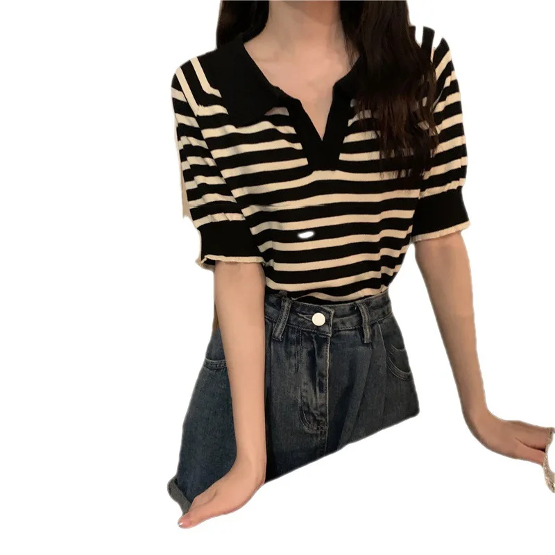 حجم كبير بالإضافة إلى حجم المرأة بولو الرقبة مخطط قصيرة الأكمام تريكو الصيف التخسيس الأعلى للفتيات الثقيلة XXL XXXL 3XL 4XL كبير...