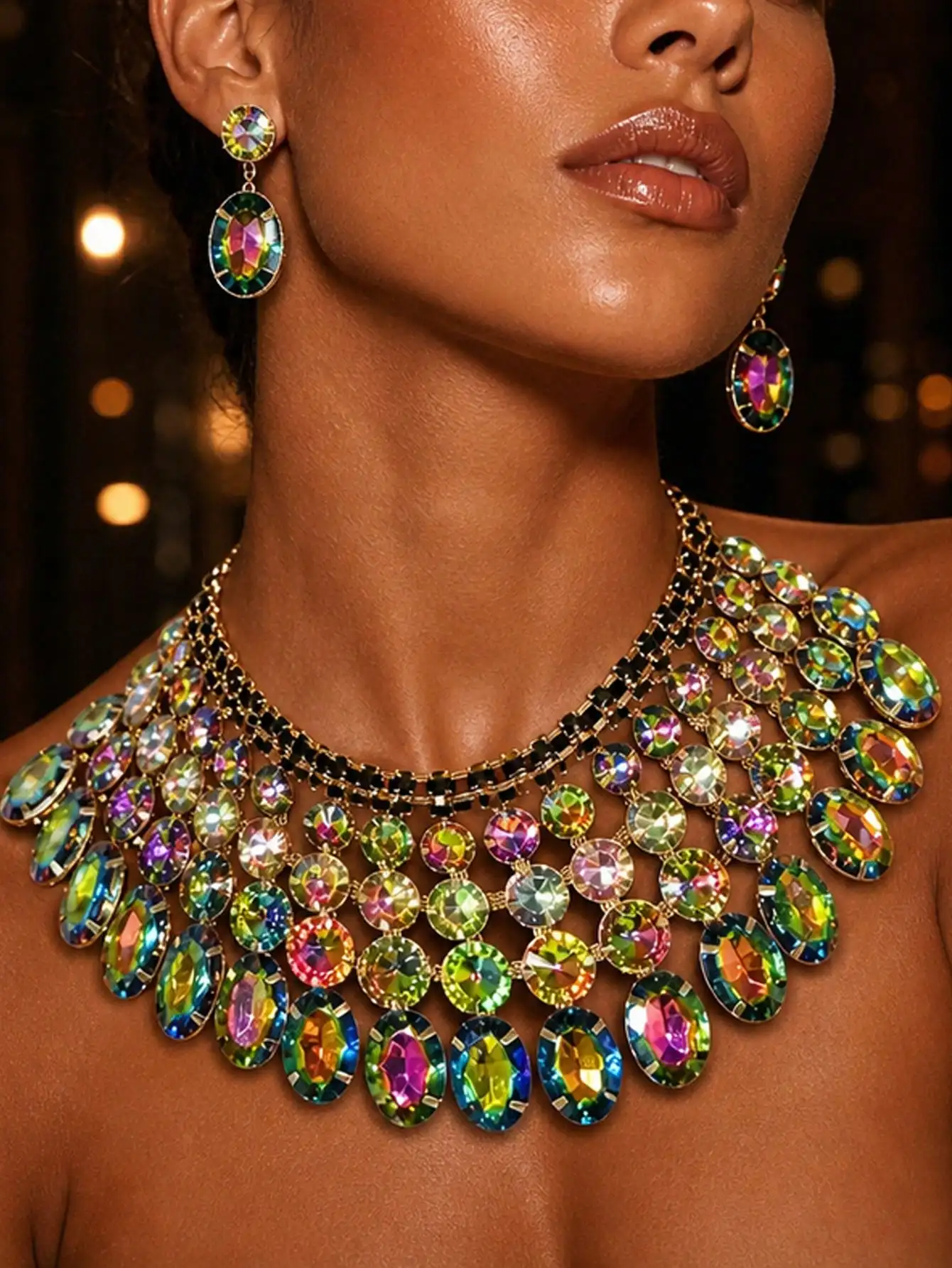 Multicolor Rhinestone Statement Jewelry Set, Bold Choker Necklace & Drop Earrings for Party Evening Costume Accessories