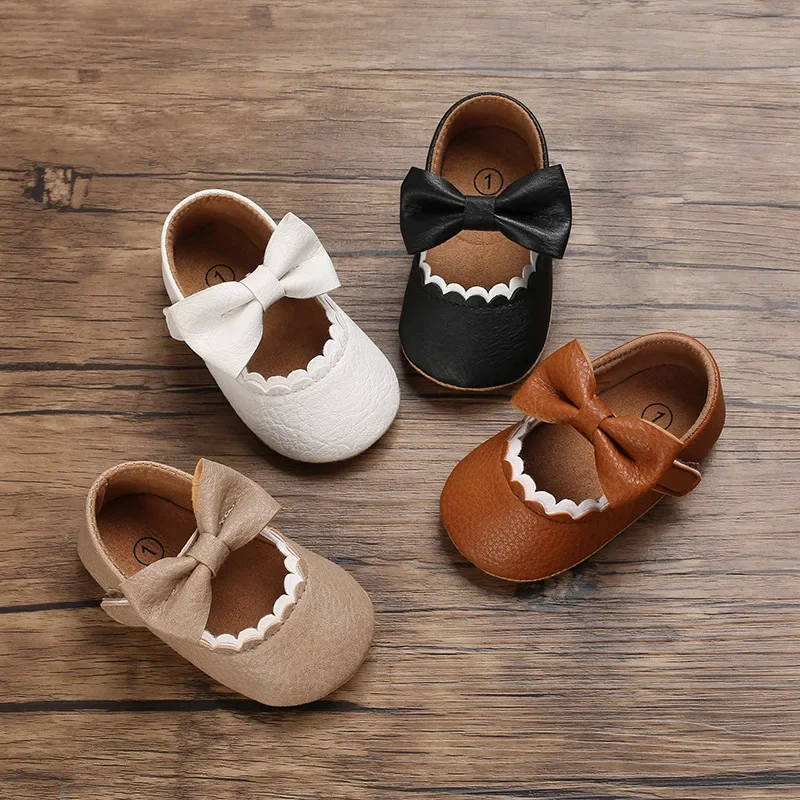 White Apricot Brown Baby Girl Princes Shoes Infant Toddler Bowknot First Walkers Non-slip Rubber PU Soft-Sole Flat Shoes E26