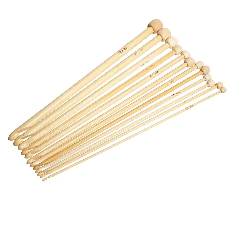 12 PCs/Set Natural Bamboo Tunisian Crochet Hooks Single Pointed Afghan Knitting Needles 3-10 Mm Size