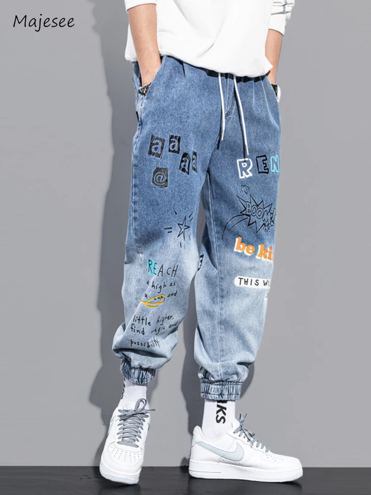 

Graffiti Jeans Men Fashion Streetwear Youthful Spring Autumn Gradient Color Ankle Banded Loose American Style Teenagers Hipster