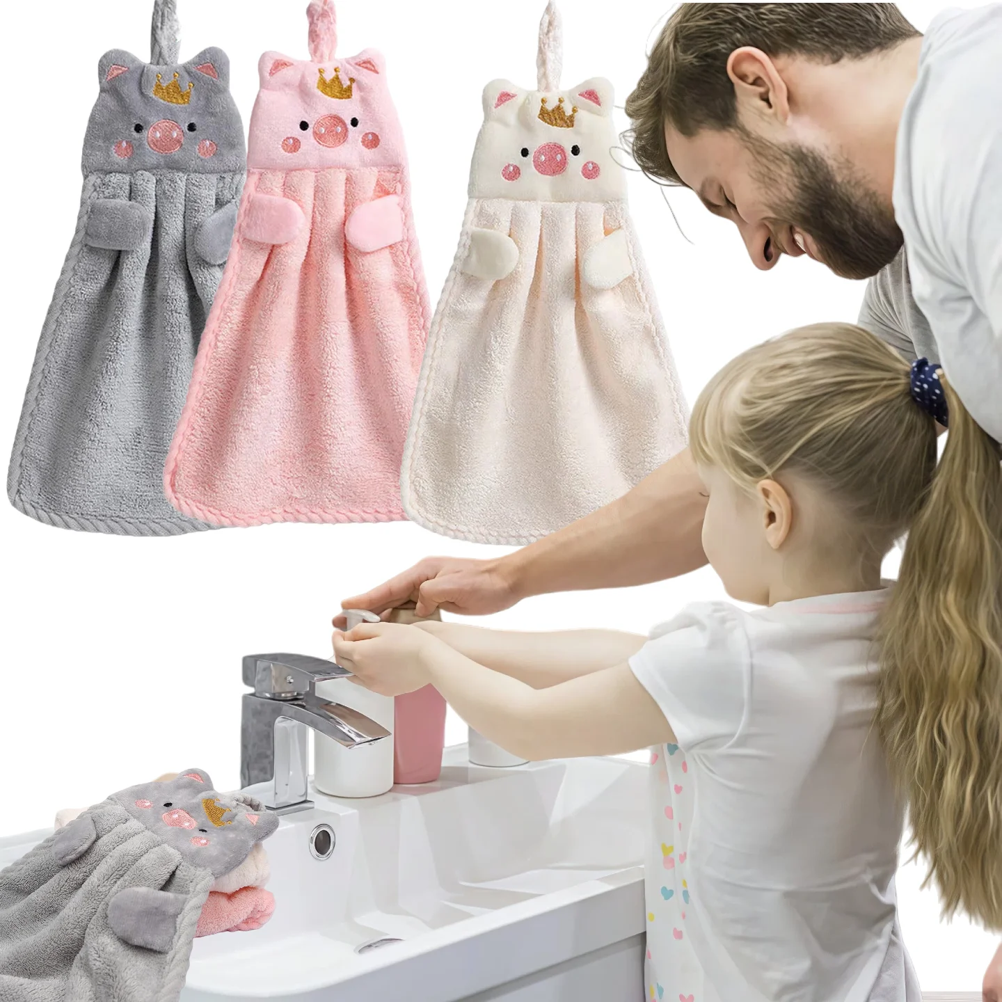 Cartoon pig Hand Towel Kitchen Bathroom and Toilet Coral Velvet Hand Towel Hanging Type with Super Water Absorption Quick Drying