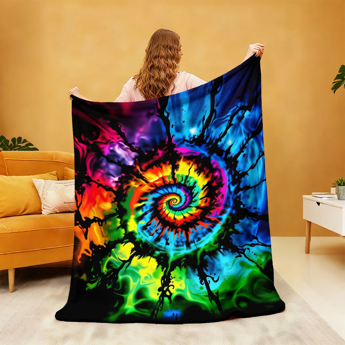 1pc Contrasting Tie Dye Printed Flannel Blanket In Multiple Sizes, Soft And Comfortable, Machine Washable Gift Blanket