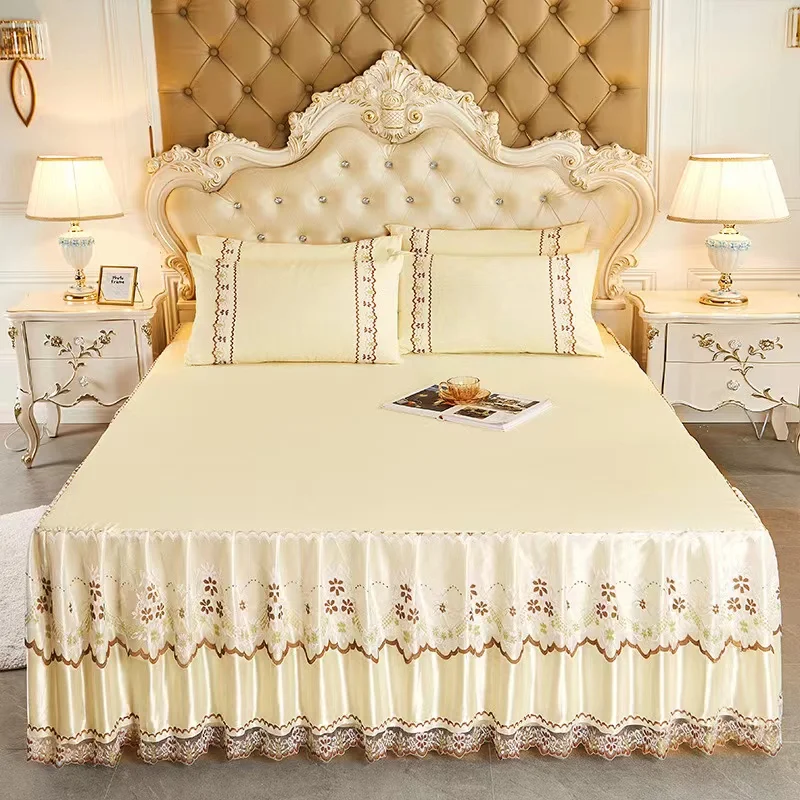 

3pcs Set Soft Lace Bed Skirt King Queen Size Bedspread Solid Color Luxury Princess Romantic Bed Spread with pillowcase