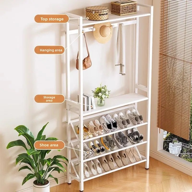 

Space Saving 2 in 1 Multi tier Shoe Rack with Coat Hat Hanger Narrow Small Door Behind Door Simple Storage Shelf