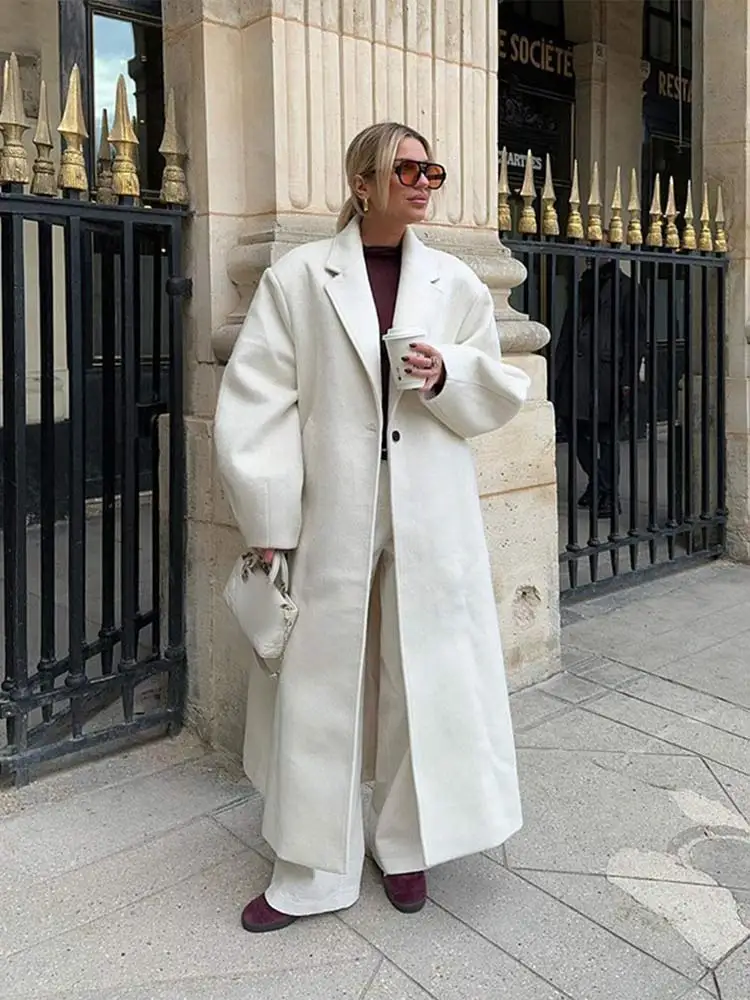 Autumn New White Lapel Long Sleeve Woolen Coat Women Fashion One Button Oversize Overcoat 2024 Casual Lady High Street Outerwear