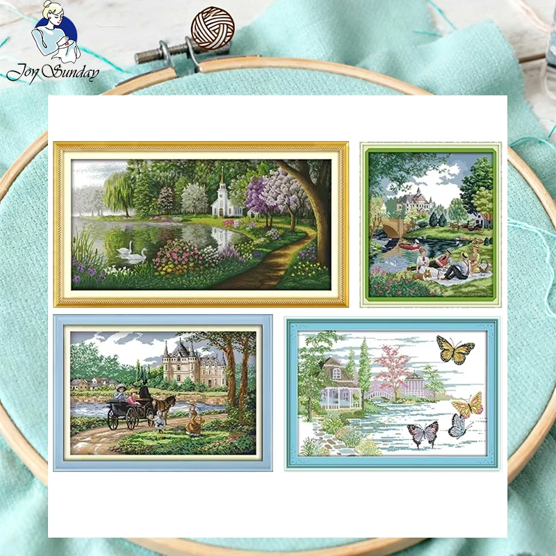 

Joy Sunday Lakeside Scenery Series Cross Stitch Kit DIY Pattern 16/14/11CT Counted Pritned Canvas Embroidery Sets Gift For Mom