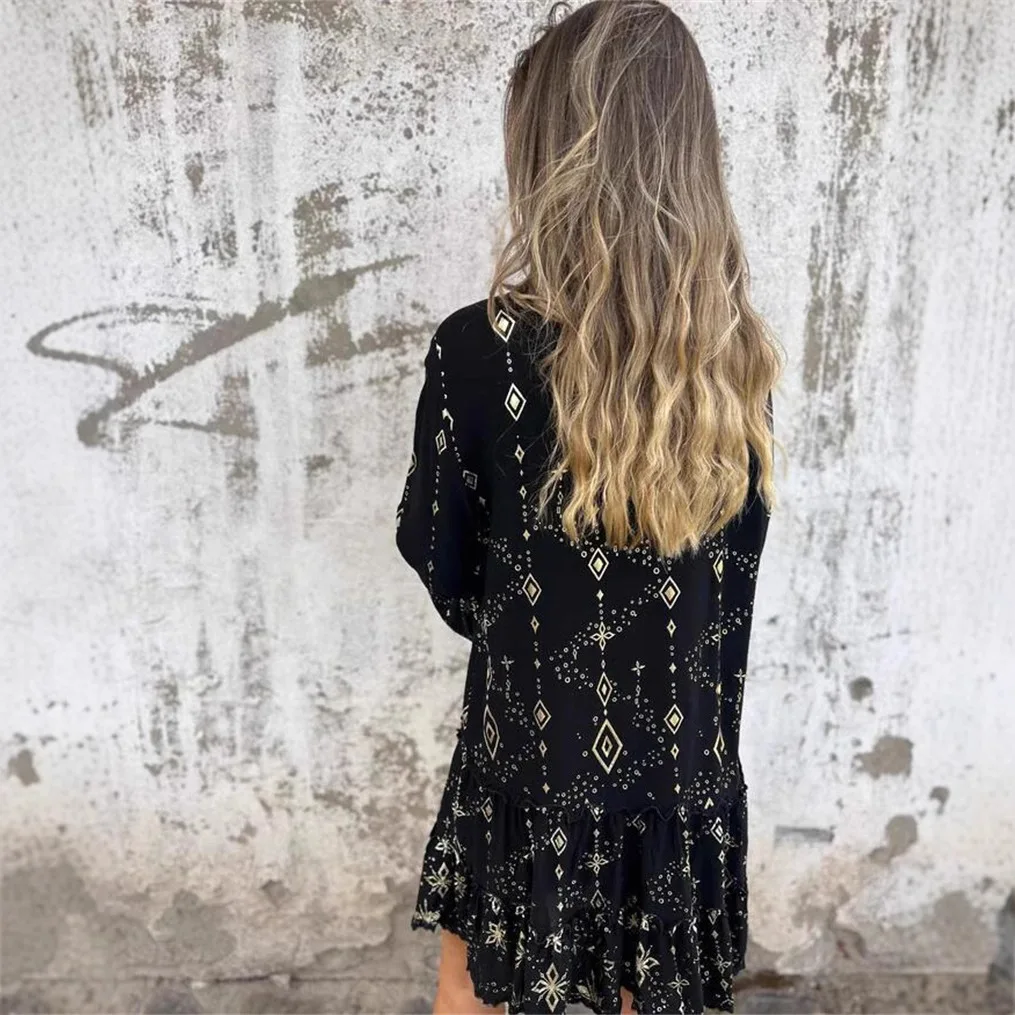 Faionable Pure Color Gold-Stamped Bell Sve Lace Hollow Out Large Size Frühling Herbst Dr Girl Sle Gestricktes Polyester