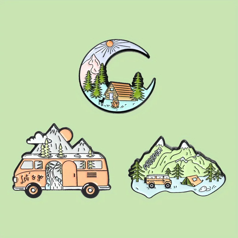1 Tourist Car, Mountain Peak Brooch, Simple River, Pine Tree Hut, Painted Alloy Brooch Badge