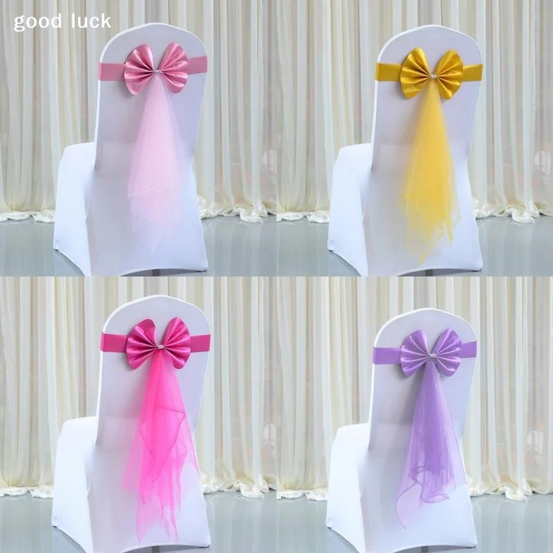 Chair Back Decoration Elegant Stretch Chair Bow Organza Ribbon Chair Decor For Birthday Hotel Wedding Accessories
