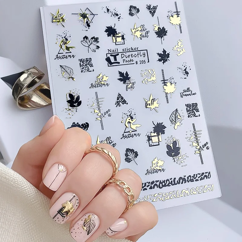 Autocollant pour ongles feuille d'érable noir et or, 1 pièce, curseur adhésif de conception Simple, fournitures de décalcomanies de décoration pour Nail Art