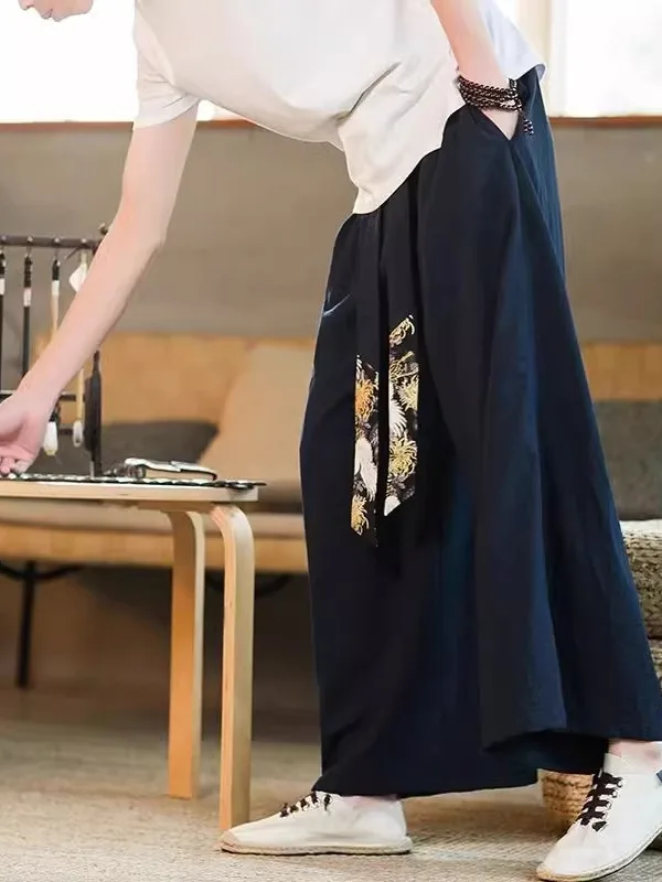 

Широкие брюки унисекс из ледяного шелка (300 нитей), удлиненные, летние, новые, в китайском стиле, свободного кроя, с вставками, очень большие размеры