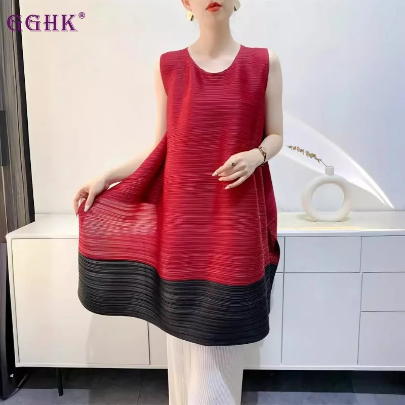 

GGHK 2024 Summer New Pleated Tops Women Mid-Length Colorblocking T-Shirt Loose Large Size Comfortable Casual Female Clothing