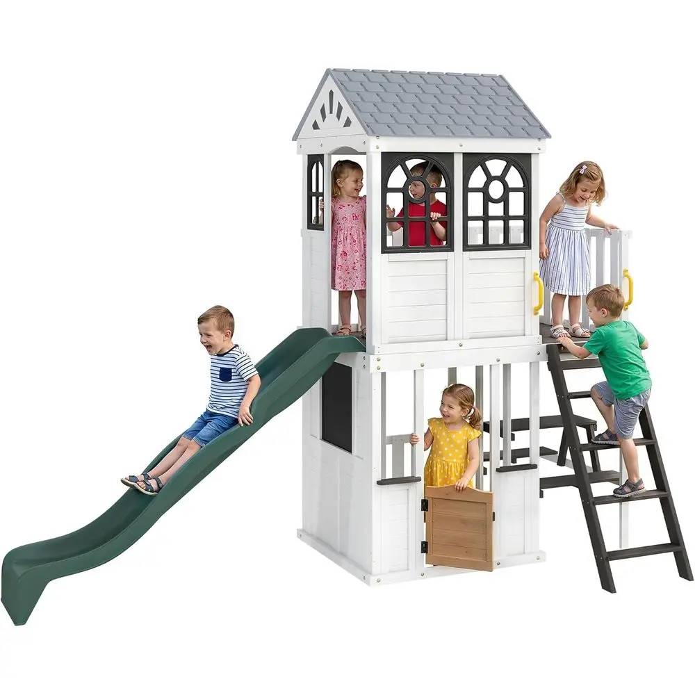 

Qaba Two-SOutdoor Wooden Playhouse or Kids with Slide, Picnic Table & Bench, Play Kitchen, Ladder, out Platorm or Age 2+ Backyar