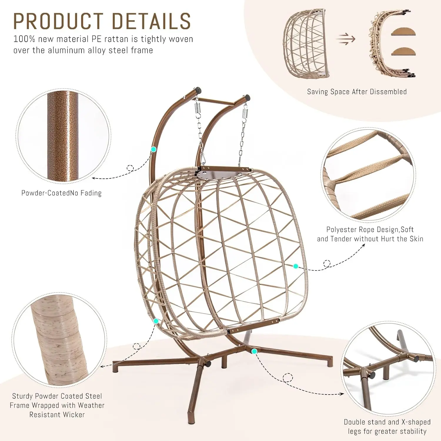 2 Person Wicker Swing Double Egg Chair with Stand Rattan Wicker Hanging Egg Chair Hammock Chair with Cushion and Pillow