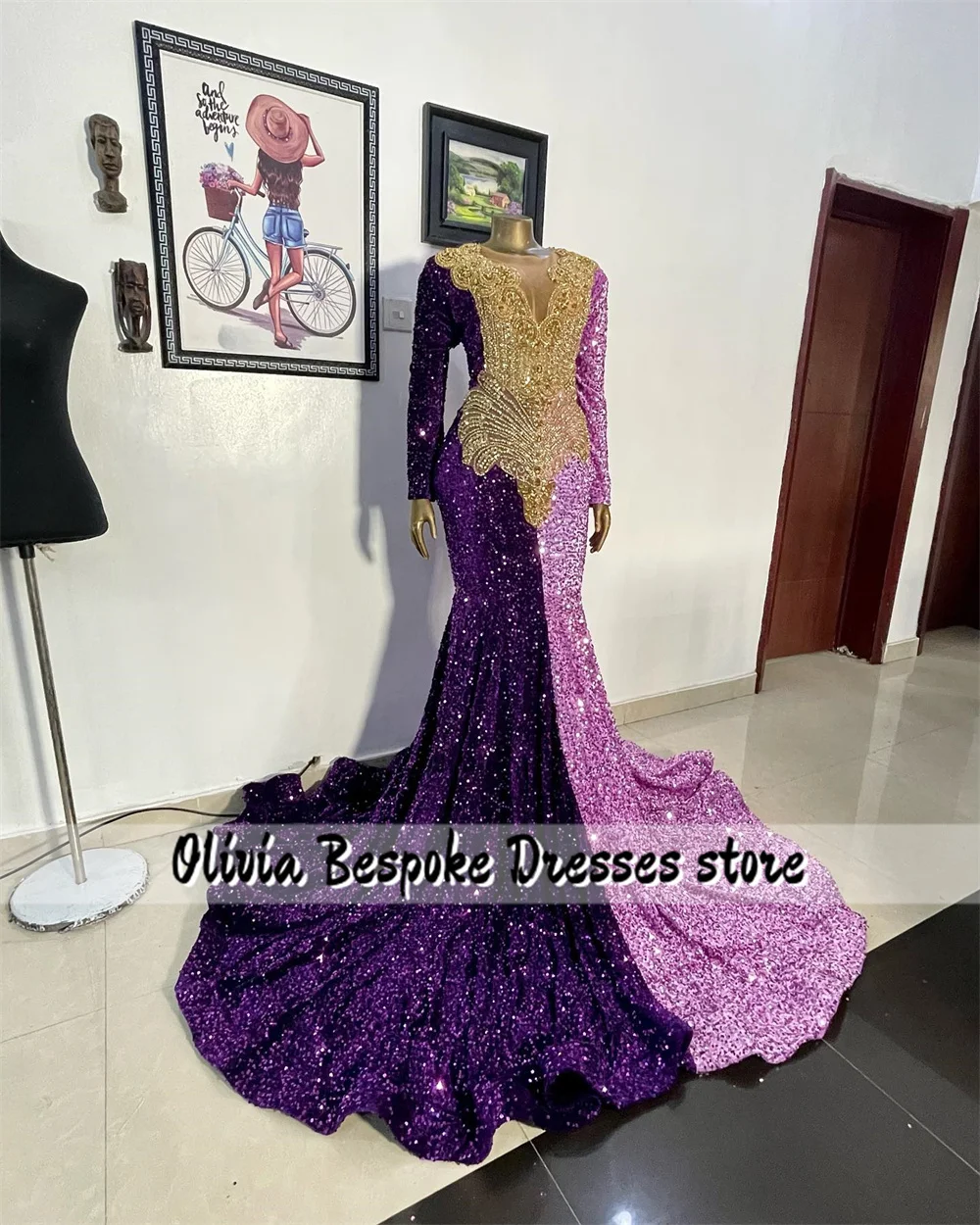 Excellent Style Dark And Light Purple Prom Dresses Black Girls Long Sleeves Sequin Beaded Rhinestones Birthday Dress Luxury 2024