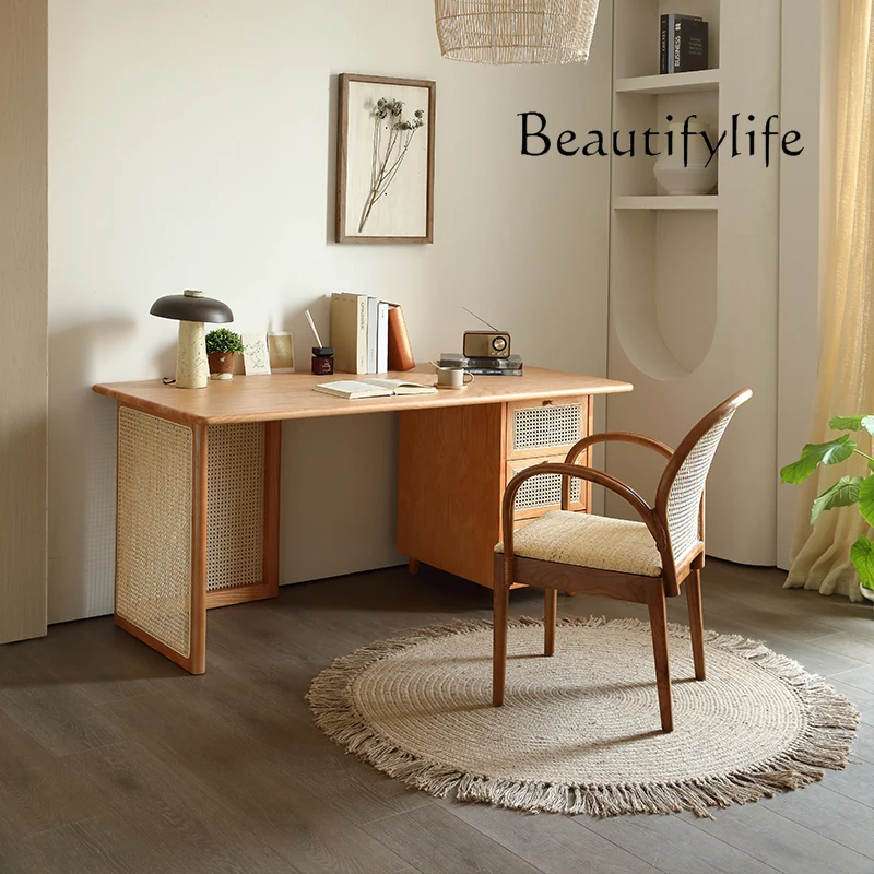 Nordic Solid Wood Desk Bedroom Rattan Writing Desk Small Apartment Drawer Locker Computer Desk