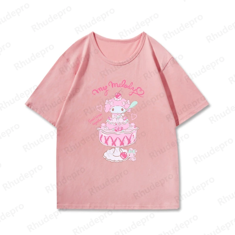 T-shirt periférica impressa Sanrio para mulheres, manga curta, Laurel Dog, Melody Pudding Dog, Hello Kitty, roupas infantis de marca conjunta