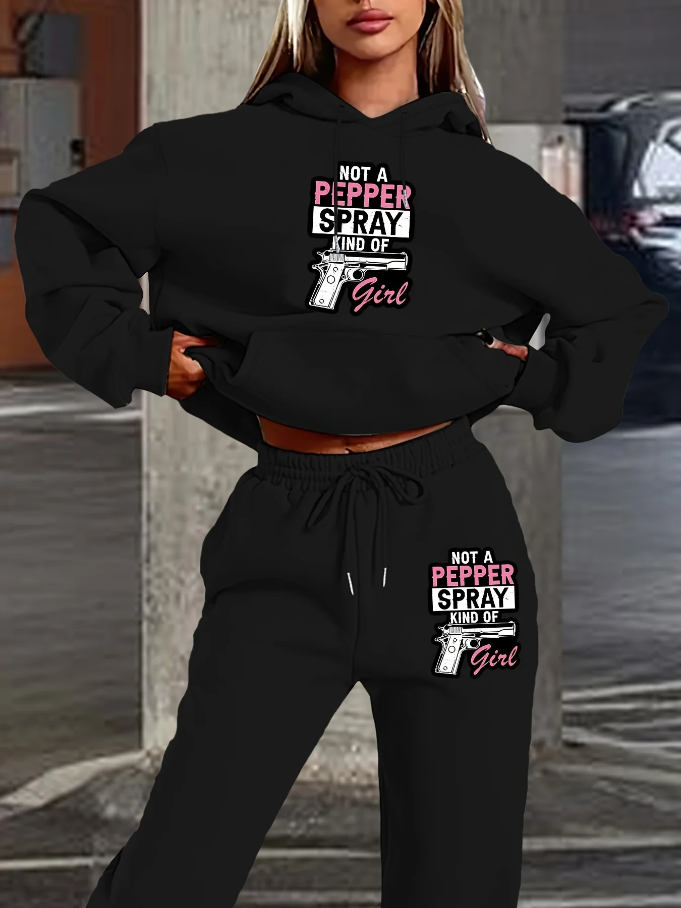 2025 Nueva pistola Impreso 3D Sudadera con capucha para mujer Conjunto de pantalones con sombrero Camisa casual de manga larga Conjunto para el hogar