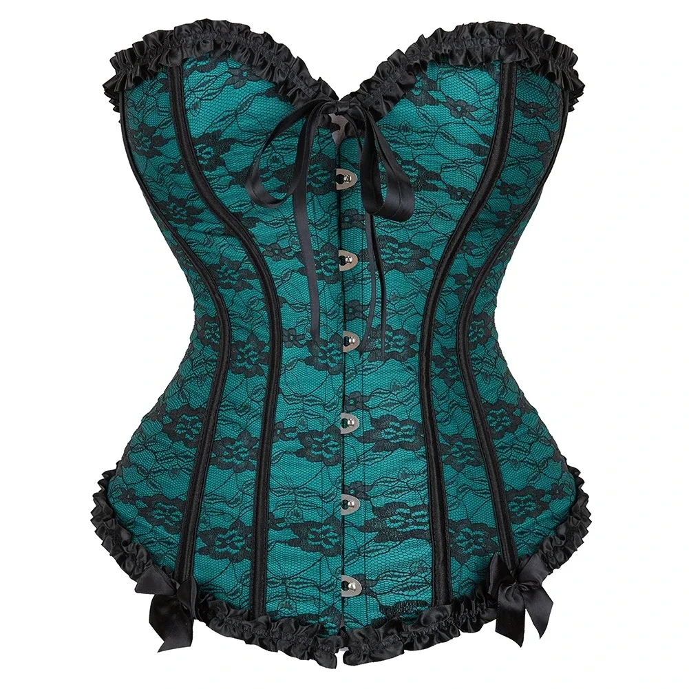 Women Gothic Corset Top Vintage Floral Lace Overbust Bustier Plus Size Lingerie Blue Purple