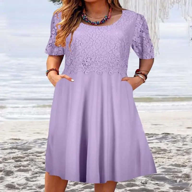 

Plus Size Women's Short Sleeve Scoop Neck Solid Lace Pockets Midi Dress