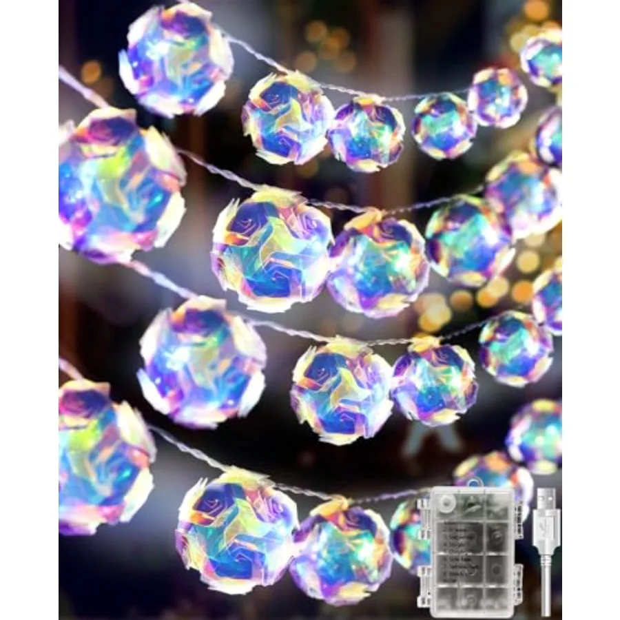 50 LED Holographic Iridescent String Lights, 16.4Ft Enchanting Disco Ball String Lights USBandBattery Powered Fairy Lights Irid