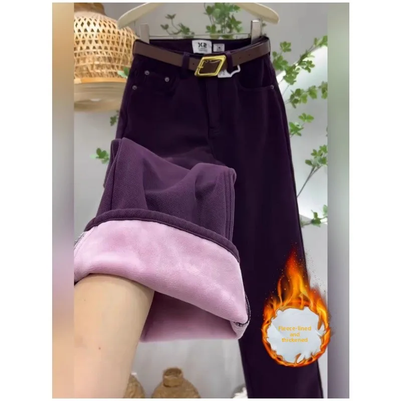 

Джинсы с высокой талией и флисовой подкладкой, прямые брюки для женщин больших размеров, брюки-клеш в корейском стиле, модные зимние брюки для повседневной носки