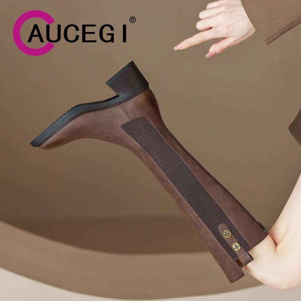 

Aucegi New Design Autumn Winter Knight Knee High Boots Women Fashion Square Toe Ladies Genuine Leather Zipper Handmade Shoes